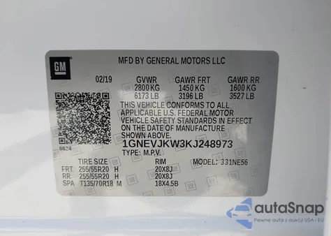 2019 Chevrolet Traverse High Country z USA, uszkodzony, nr VIN 1GNEVJKW3KJ248973